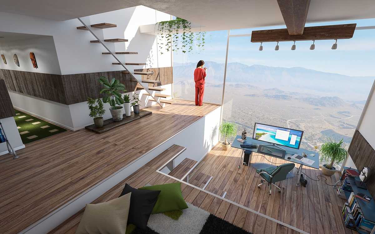 intérieur moderne avec vue panoramique, personne en rouge, bureau intérieur moderne avec vue panoramique, personne en rouge, bureau