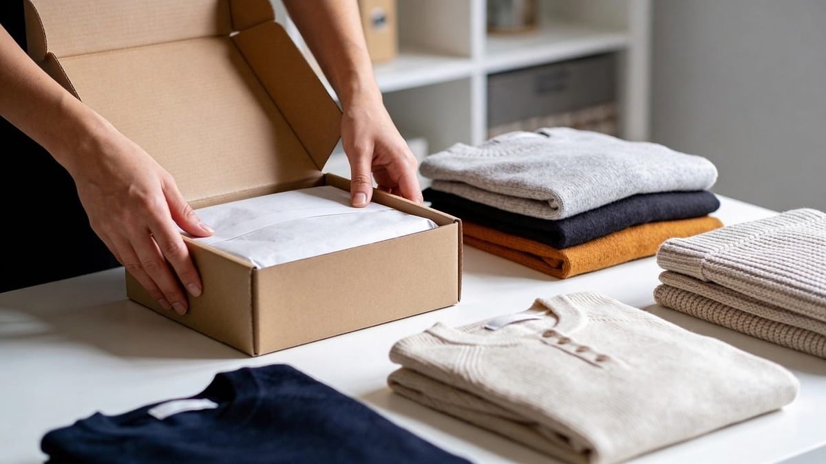 Une personne range des vêtements dans une boîte Une personne range des vêtements dans une boîte