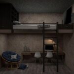 Chambre avec lit mezzanine, bureau, chaise, téléviseur, fauteuil, coussins