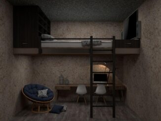 Chambre avec lit mezzanine, bureau, chaise, téléviseur, fauteuil, coussins