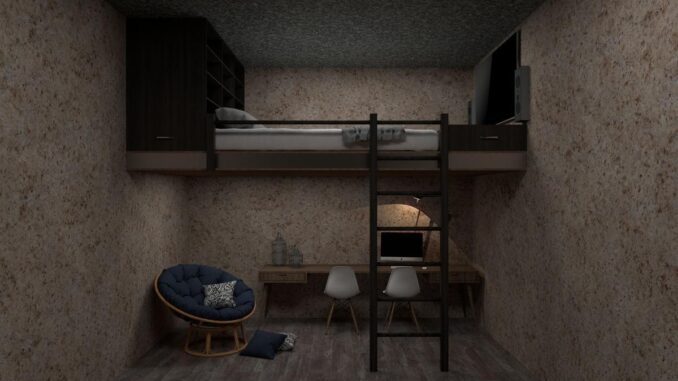 Chambre avec lit mezzanine, bureau, chaise, téléviseur, fauteuil, coussins